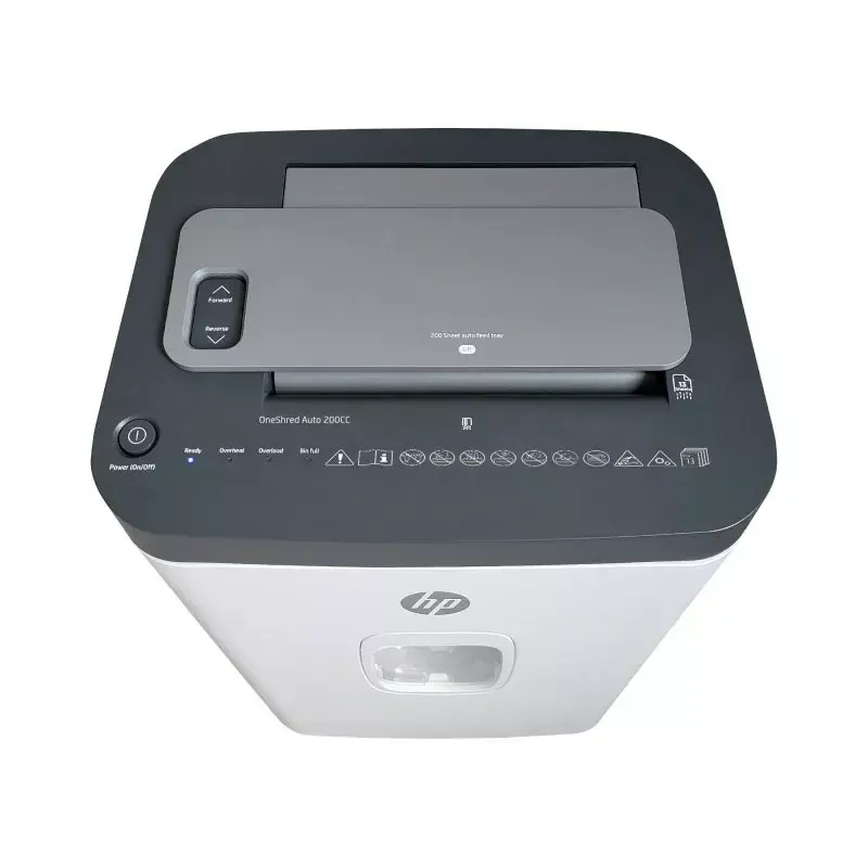 Aktenvernichter HP ONESHRED Auto 200CC — automatische Zufuhr für 200 Blatt, Mikroschnitt P-4, 28-Liter-Auffangbehälter, weiß-grau