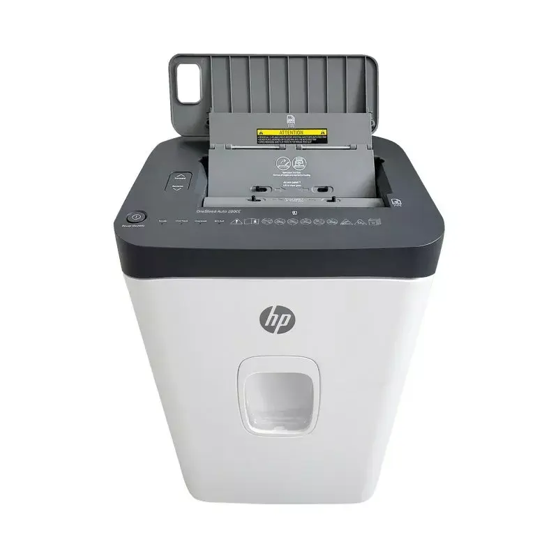 Aktenvernichter HP ONESHRED Auto 200CC — automatische Zufuhr für 200 Blatt, Mikroschnitt P-4, 28-Liter-Auffangbehälter, weiß-grau