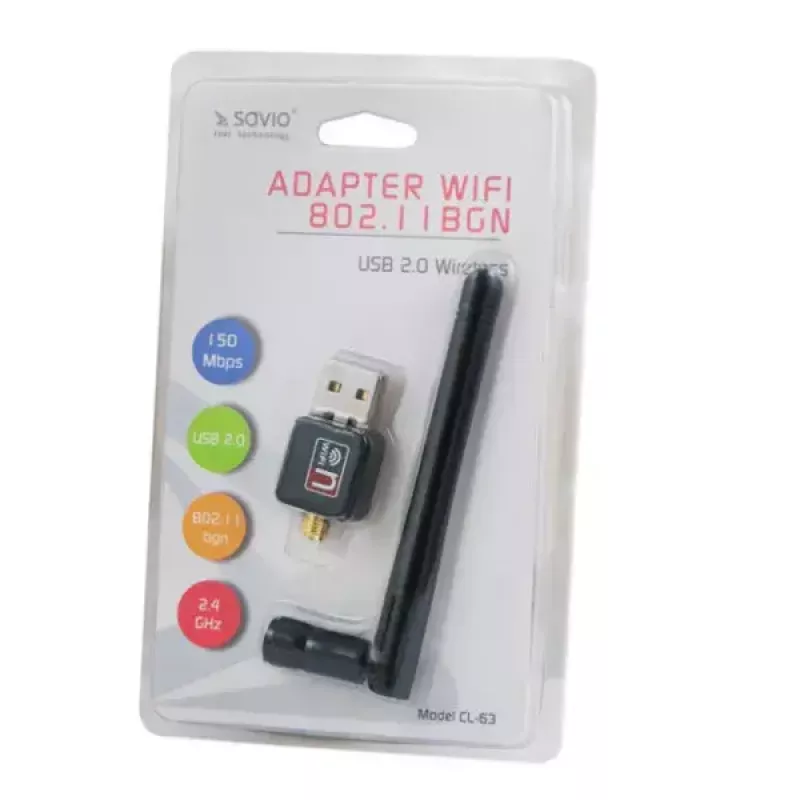 USB WLAN Adapter SAVIO CL-63, Single-Band 2,4 GHz, 150 Mbit/s, Realtek RTL8188CU, externe Antenne, USB 2.0
