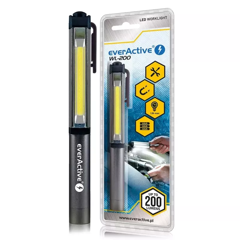 Clip-Taschenlampe everActive WL200, 3 W 200 lm, Aluminiumgehäuse, IPX4, 3×AAA, Länge 161,7 mm, schwarz