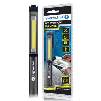 everActive WL-200 COB-LED-Inspektionsarbeitsleuchte, 3 W, 200 lm, IP44, Aluminium, Magnete und Clip, 3×AAA