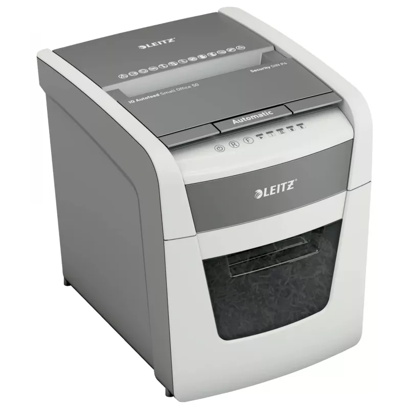 Aktenvernichter LEITZ IQ Autofeed Small Office50 P4 — Mikroschnitt 4x28 mm, 50-Blatt-Autofeed, 22 cm Einzug, 20 L Auffangbehälter