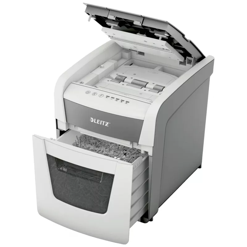 Aktenvernichter LEITZ IQ Autofeed Small Office50 P4 — Mikroschnitt 4x28 mm, 50-Blatt-Autofeed, 22 cm Einzug, 20 L Auffangbehälter