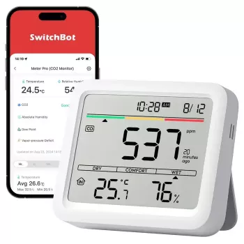 CO2-Monitor SwitchBot Meter Pro — CO2-, Temperatur- und Luftfeuchtigkeitsmessung, LCD, Batterie (AA), ABS-Gehäuse, 5 V, Temp.-Bereich -20–80°C
