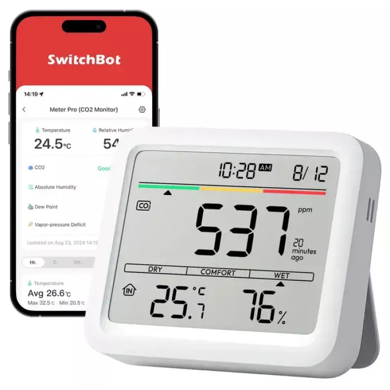 CO2-Monitor SwitchBot Meter Pro — CO2-, Temperatur- und Luftfeuchtigkeitsmessung, LCD, Batterie (AA), ABS-Gehäuse, 5 V, Temp.-Bereich -20–80°C