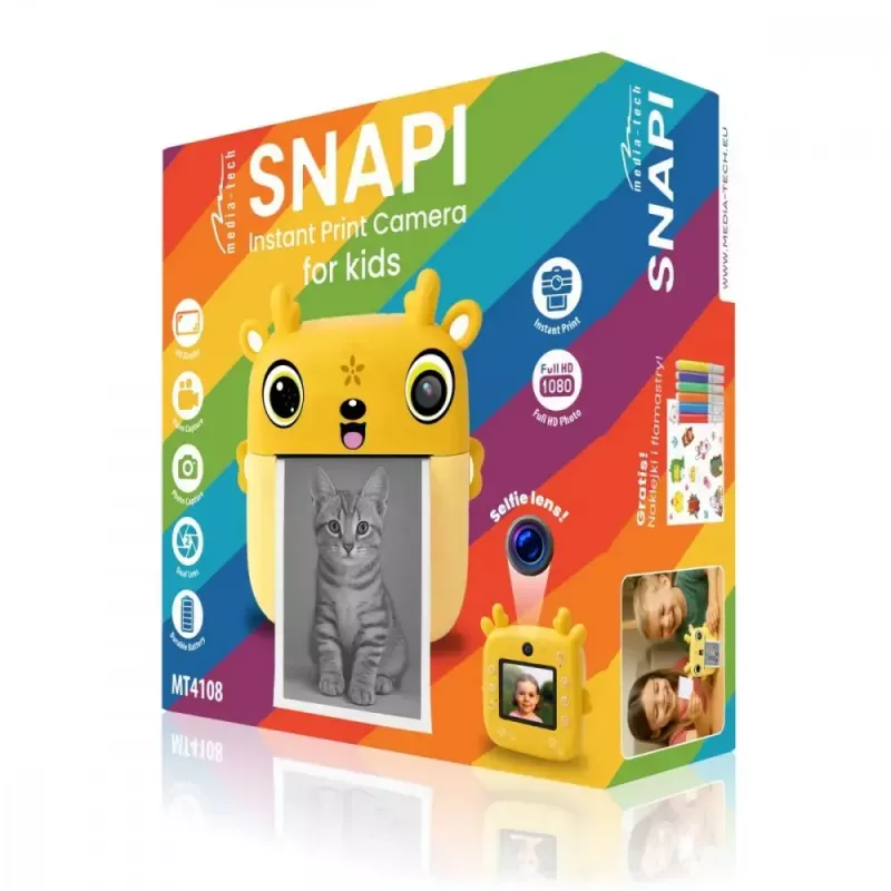 Kinder-Digitalkamera MEDIA-TECH SNAPI MT4108 — 8 MP interpoliert, 1280x720 LCD, 1000 mAh, USB-C, microSD-Slot, gelb