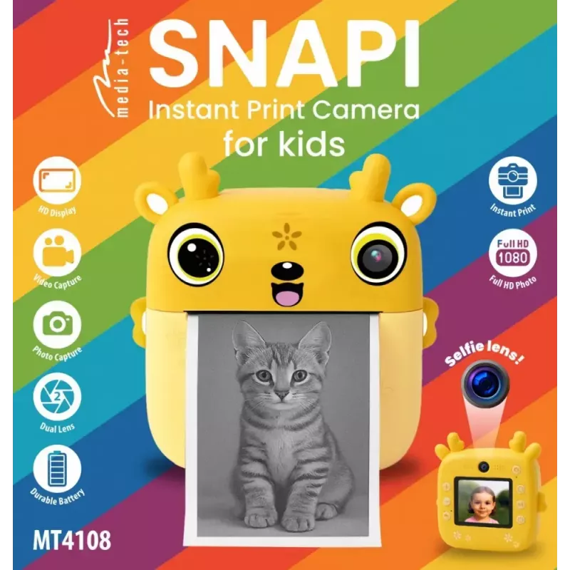Kinder-Digitalkamera MEDIA-TECH SNAPI MT4108 — 8 MP interpoliert, 1280x720 LCD, 1000 mAh, USB-C, microSD-Slot, gelb