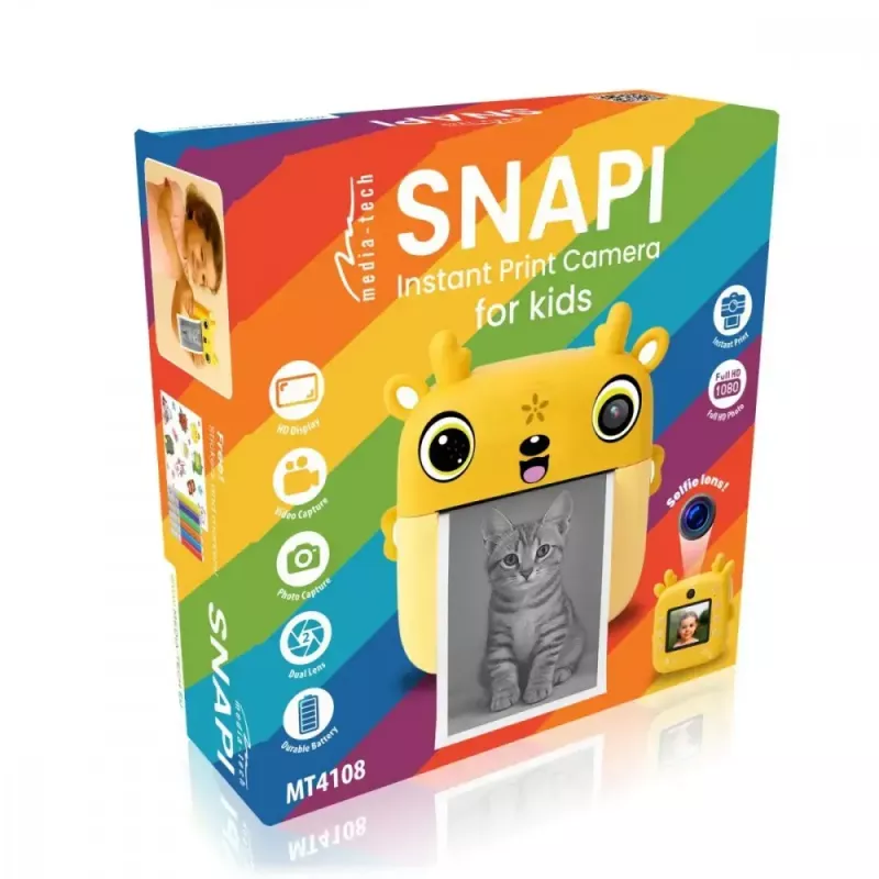Kinder-Digitalkamera MEDIA-TECH SNAPI MT4108 — 8 MP interpoliert, 1280x720 LCD, 1000 mAh, USB-C, microSD-Slot, gelb