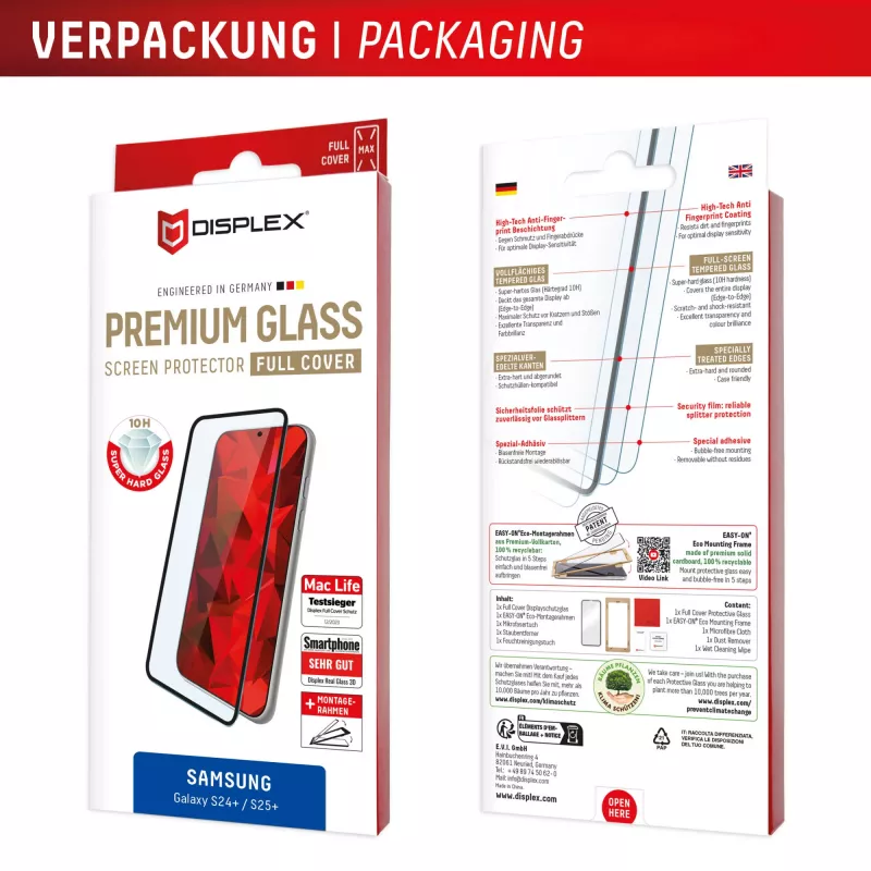 Displex Full Cover Screen Protector (10H) für Samsung Galaxy S24+/S25+, Eco-Montagerahmen, Full Cover