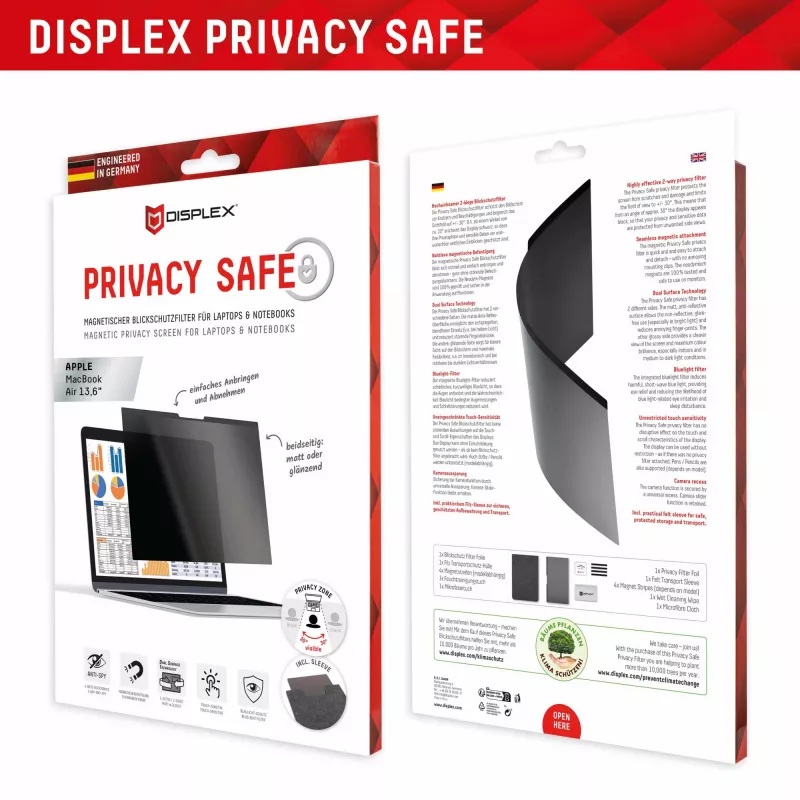 Displex PRIVACY SAFE magnetischer 2-Wege-Sichtschutzfilter für MacBook Air 13,6‘‘