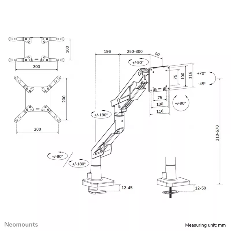 Neomounts DS70-256BL1 Gaming-Monitorarm für 24–57 Zoll Bildschirme, Gasfeder, Topfix, 30 kg Kapazität, VESA 75–200 mm