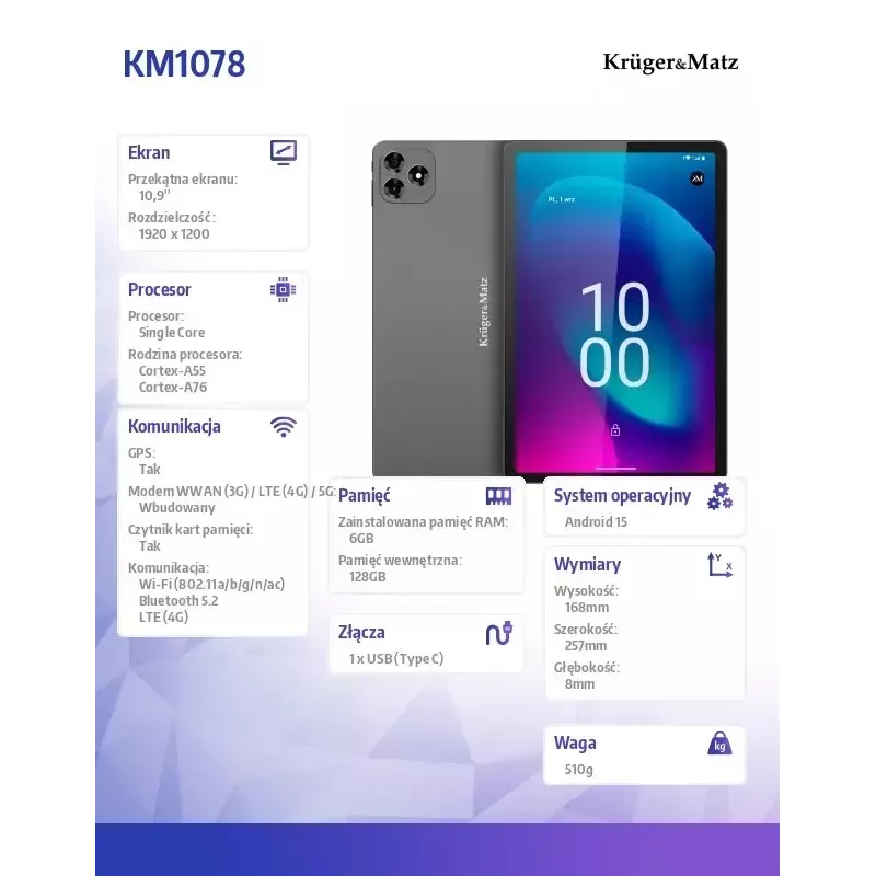 Tablet Kruger & Matz KM1078S 27,7 cm (10.9 Zoll) Anzeige 4G LTE Octa-Core 8GB RAM 256GB Speicher Android