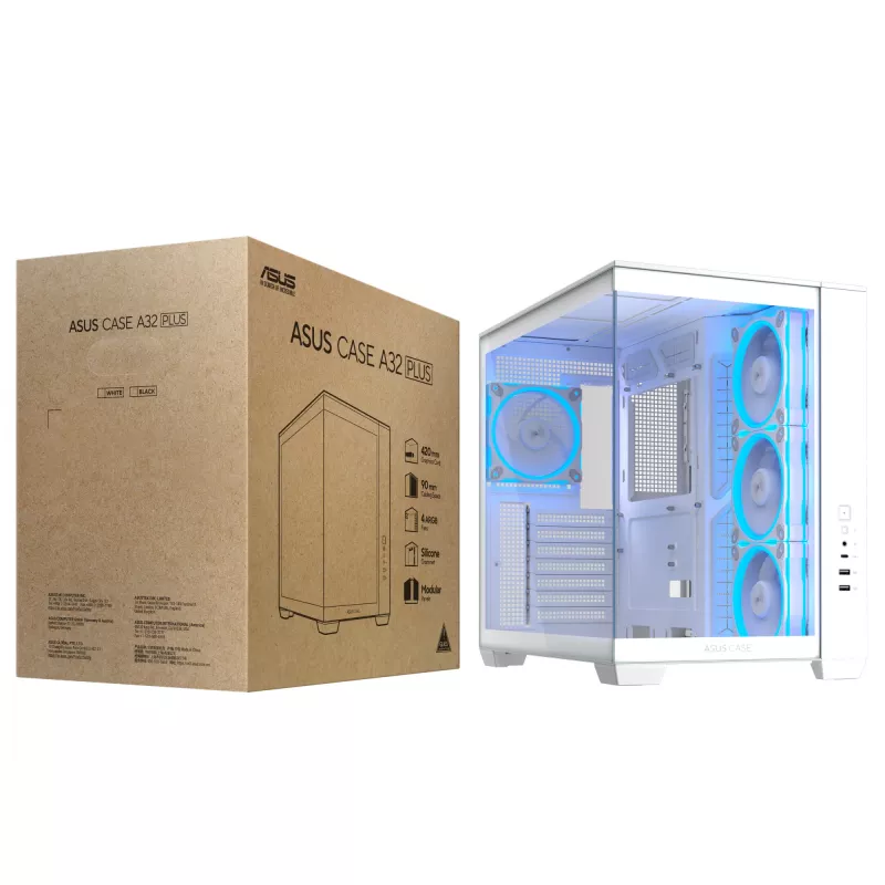 PC-Gehäuse ASUS A32 PLUS/WT/TG/ARGB Mid Tower, weiß, ATX, gehärtetes Glas, ARGB, USB-C, unterstützt GPUs bis 420 mm