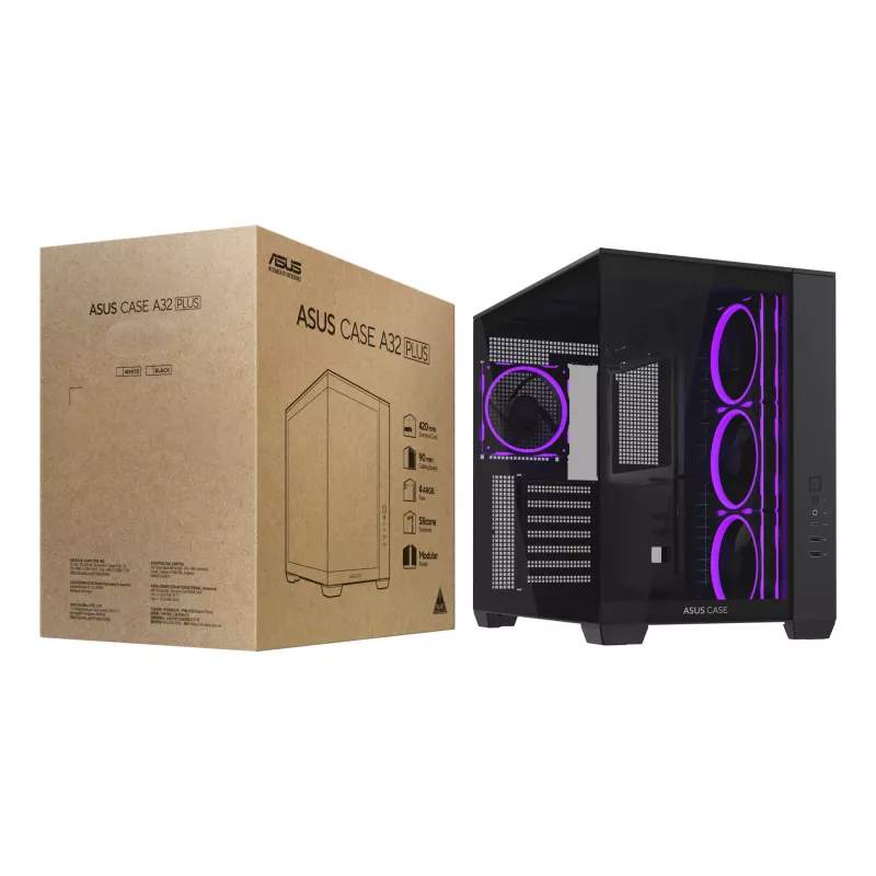 PC-Gehäuse ASUS A32 PLUS ATX, schwarz — gehärtetes Glas, RGB-Lüfter, USB-C, unterstützt ATX/Micro-ATX/Mini-ITX