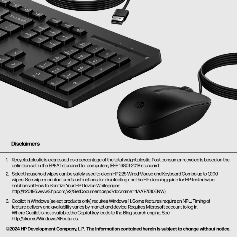 Maus HP 225 Kabelgebundene Maus und Tastatur Combo G2 USB
