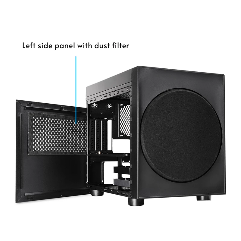 Computergehäuse CHIEFTEC CI-03B-OP Cube Schwarz — Cube-Formfaktor, unterstützt Micro ATX/Mini-ITX, 2x 3,5 Zoll + 2x 2,5 Zoll, 1x 200-mm-Frontlüfter
