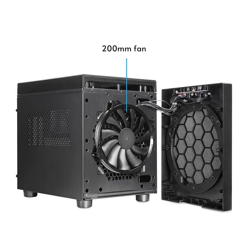 Computergehäuse CHIEFTEC CI-03B-OP Cube Schwarz — Cube-Formfaktor, unterstützt Micro ATX/Mini-ITX, 2x 3,5 Zoll + 2x 2,5 Zoll, 1x 200-mm-Frontlüfter