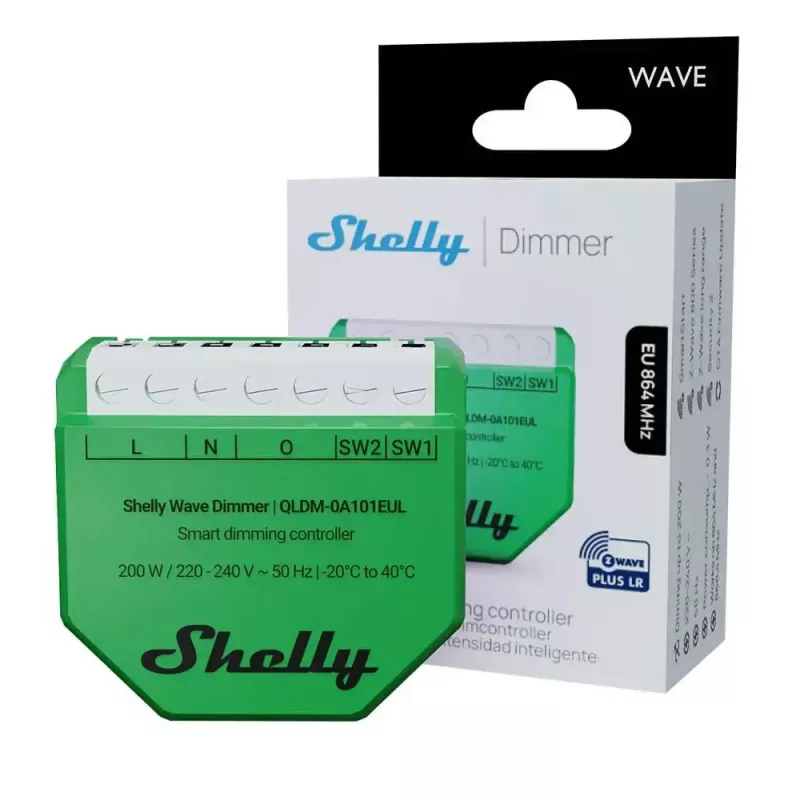 Shelly Wave Dimmer EU LR smart dimmer controller — 2-Kanal, kein Neutralleiter, 220–240V, LED bis zu 150W, Glühlampen bis zu 200W, 864–868.4 MHz