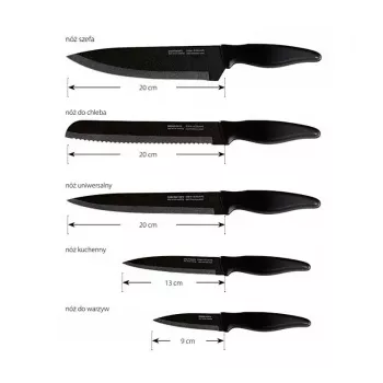 Küchenmesser-Set Smile SNS-6 – 6-teiliger schwarzer Block, 5 Messer mit antihaftbeschichteten schwarzen Klingen, Soft-Touch-Griffen aus schwarzem Kunststoff