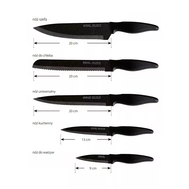 Küchenmesser-Set Smile SNS-6 – 6-teiliger schwarzer Block, 5 Messer mit antihaftbeschichteten schwarzen Klingen, Soft-Touch-Griffen aus schwarzem Kunststoff