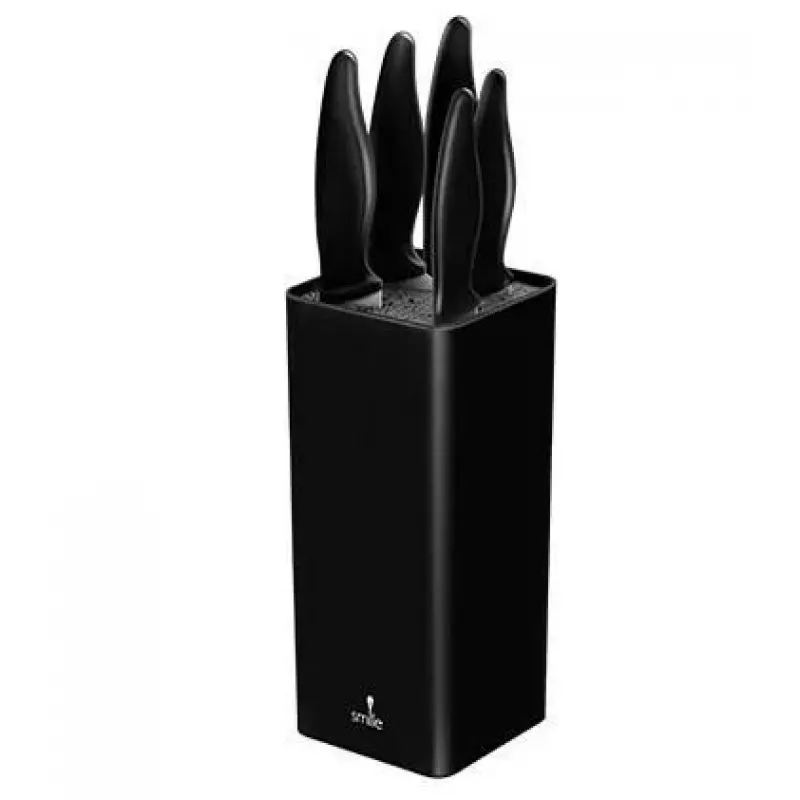 Küchenmesser-Set Smile SNS-6 – 6-teiliger schwarzer Block, 5 Messer mit antihaftbeschichteten schwarzen Klingen, Soft-Touch-Griffen aus schwarzem Kunststoff