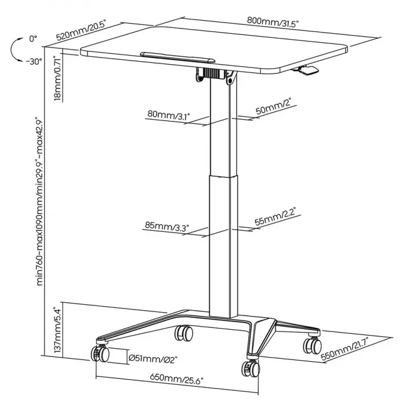 Mobiler Laptoptisch MACLEAN MC-453B mit pneumatischer Höhenverstellung, max. Höhe 109 cm, Tragkraft 8 kg
