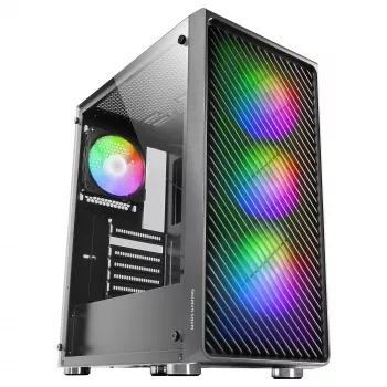 Mars Gaming MC-F Schwarz, ATX Gaming Semitower, Gehärtetes Glas Seitenfenster, Metall-Mesh-Front, 4x 120mm ARGB-Lüfter