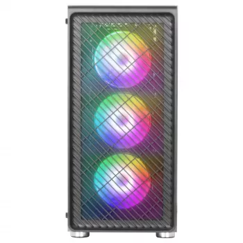 Mars Gaming MC-F Schwarz, ATX Gaming Semitower, Gehärtetes Glas Seitenfenster, Metall-Mesh-Front, 4x 120mm ARGB-Lüfter