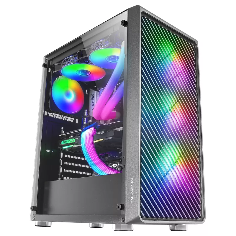 Mars Gaming MC-F Schwarz, ATX Gaming Semitower, Gehärtetes Glas Seitenfenster, Metall-Mesh-Front, 4x 120mm ARGB-Lüfter