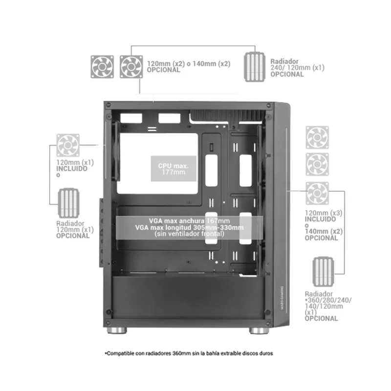 Mars Gaming MC-F Schwarz, ATX Gaming Semitower, Gehärtetes Glas Seitenfenster, Metall-Mesh-Front, 4x 120mm ARGB-Lüfter