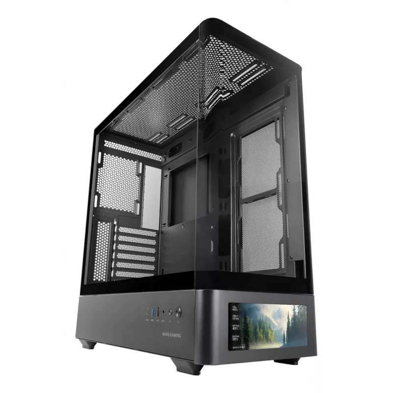 PC-Gehäuse TACENS Mars Gaming MCLCDPRO Midi Tower – Schwarz, IPS 7,2 Zoll Display, Netzteil unten, ATX/Micro‑ATX/Mini‑ITX Unterstützung