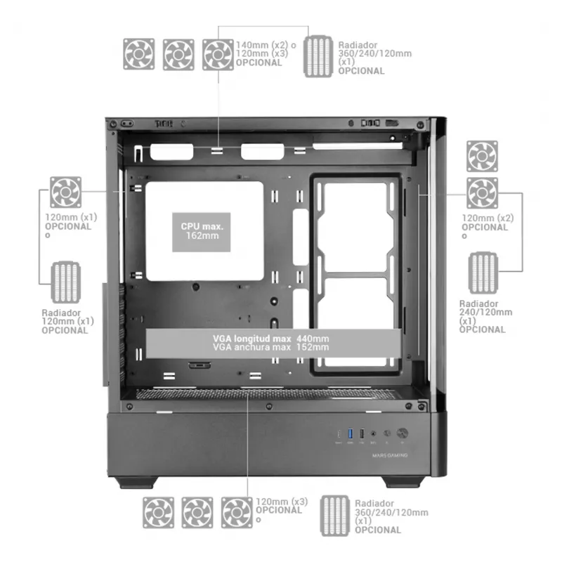 PC-Gehäuse TACENS Mars Gaming MCLCDPRO Midi Tower – Schwarz, IPS 7,2 Zoll Display, Netzteil unten, ATX/Micro‑ATX/Mini‑ITX Unterstützung