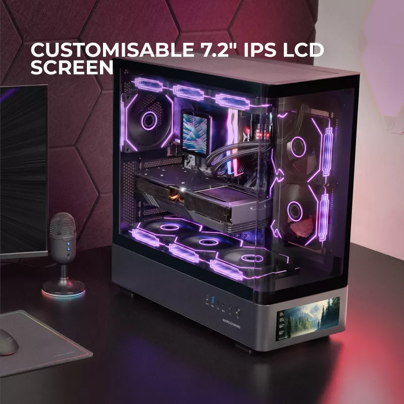 PC-Gehäuse TACENS Mars Gaming MCLCDPRO Midi Tower – Schwarz, IPS 7,2 Zoll Display, Netzteil unten, ATX/Micro‑ATX/Mini‑ITX Unterstützung