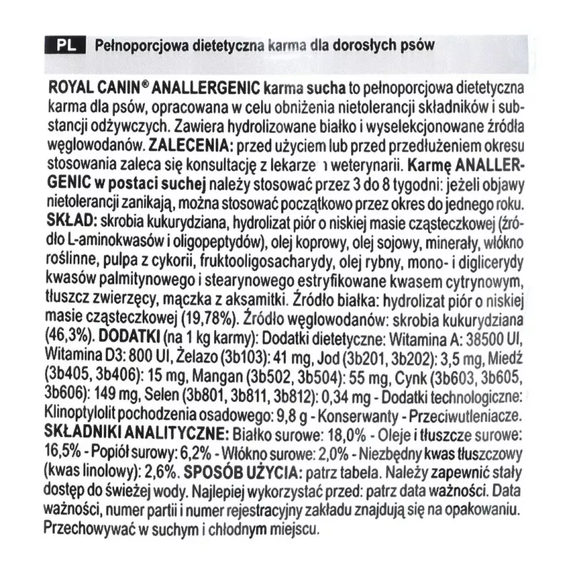 Trockenfutter für Hunde Royal Canin Anallergenic 8 kg — adulte hypoallergene Geflügelrezeptur, glutenfrei, laktosefrei