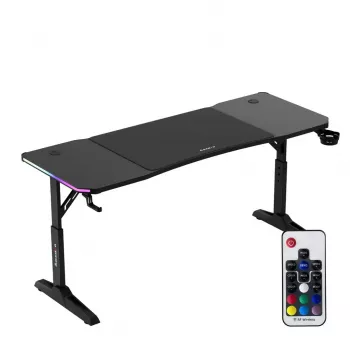 Gaming-Schreibtisch huzaro Hero 4.6 RGB — schwarze rechteckige Tischplatte 1600×600 mm, Höhe 560–790 mm, H-Beine, RGB-Beleuchtung