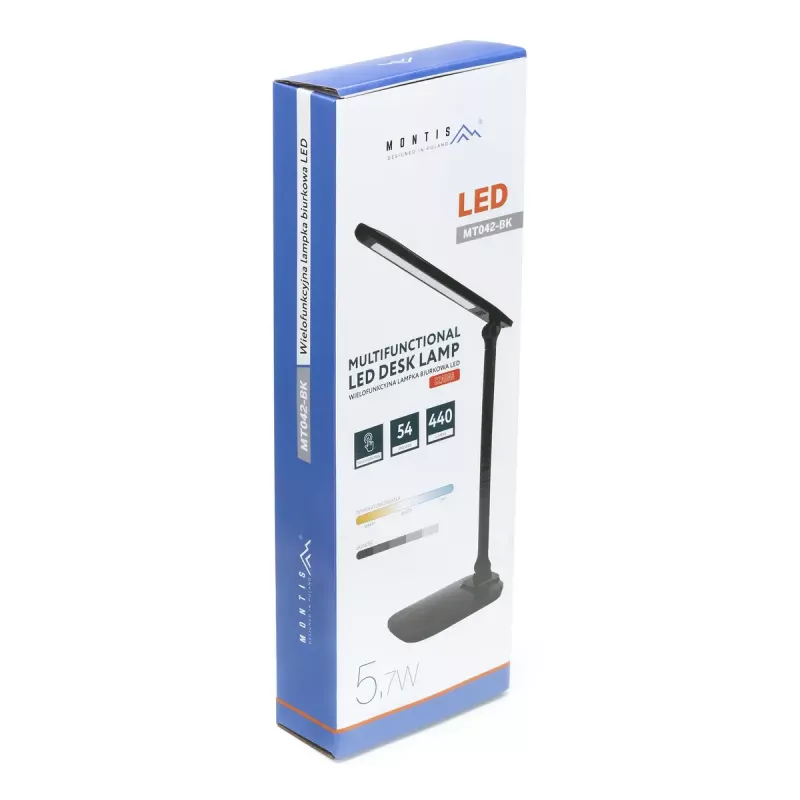 Schreibtischlampe MONTIS MT042-BK, LED 5,7W, dimmbar, 440 lm, 3000–5400K, schwarz, 410×144×58 mm