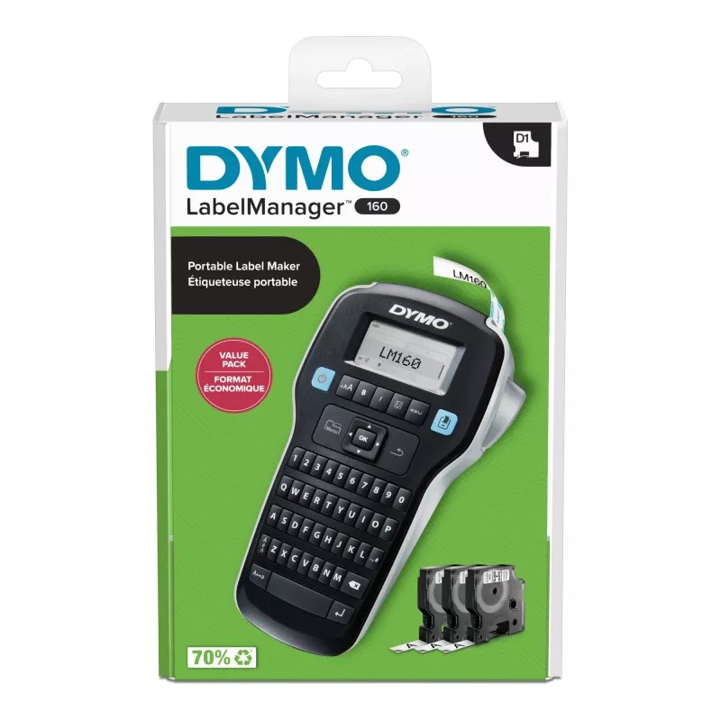 DYMO LabelManager 160 Etikettiergerät Starter-Kit mit 3 Rollen D1-Etikettenband | Handheld-Etikettendrucker | QWERTY-Tastatur | Ideal für Büro oder Zuhause