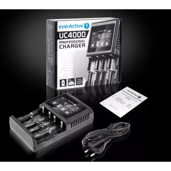Batterieladegerät everActive UC-4000 für AA/AAA-Haushaltsbatterien, 4 Slots, 100–240 V, schwarz