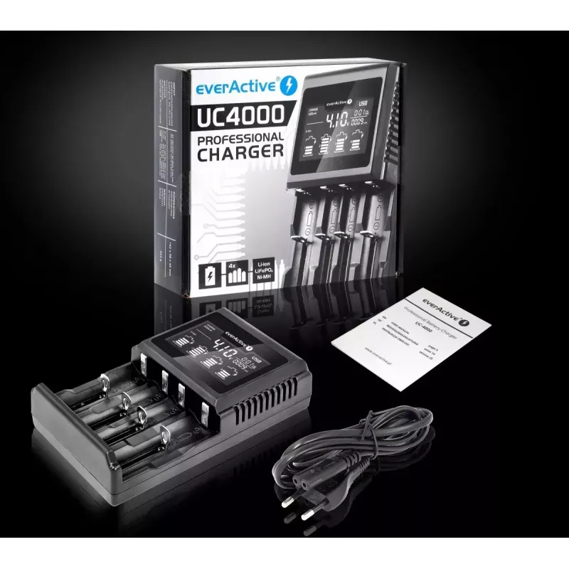 Batterieladegerät everActive UC-4000 für AA/AAA-Haushaltsbatterien, 4 Slots, 100–240 V, schwarz