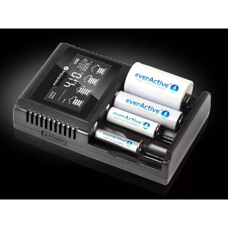 Batterieladegerät everActive UC-4000 für AA/AAA-Haushaltsbatterien, 4 Slots, 100–240 V, schwarz