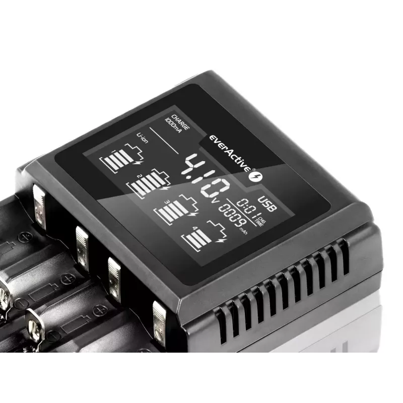 Batterieladegerät everActive UC-4000 für AA/AAA-Haushaltsbatterien, 4 Slots, 100–240 V, schwarz