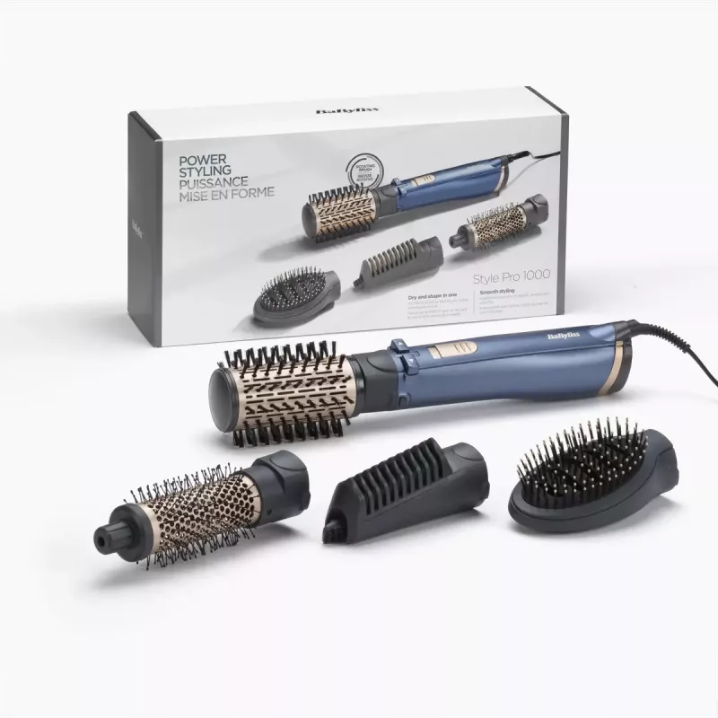 Heißluftbürste BaByliss Style Pro 1000 AS965E — 1000 W, 2,5 m Kabel, 4 Bürstenaufsätze, Keramikheizung, Ionen-Technologie, automatische Rotation
