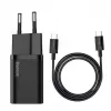 Indoor-Ladegerät Baseus TZCCSUP-L01, USB-C 1 Anschluss, 18W, 100–240V AC, 1 m Kabel, Schwarz