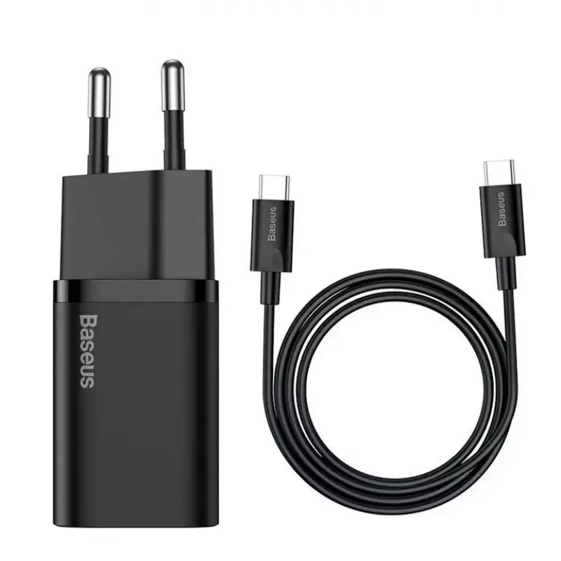 Indoor-Ladegerät Baseus TZCCSUP-L01, USB-C 1 Anschluss, 18W, 100–240V AC, 1 m Kabel, Schwarz