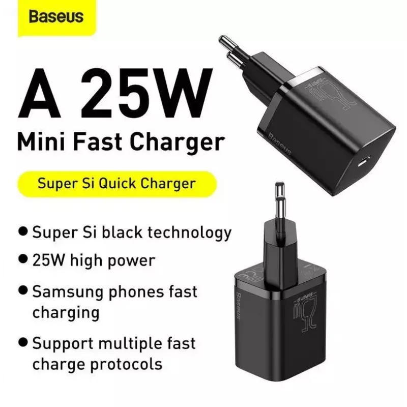 Indoor-Ladegerät Baseus TZCCSUP-L01, USB-C 1 Anschluss, 18W, 100–240V AC, 1 m Kabel, Schwarz