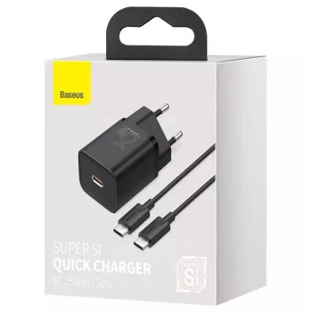 Indoor-Ladegerät Baseus TZCCSUP-L01, USB-C 1 Anschluss, 18W, 100–240V AC, 1 m Kabel, Schwarz