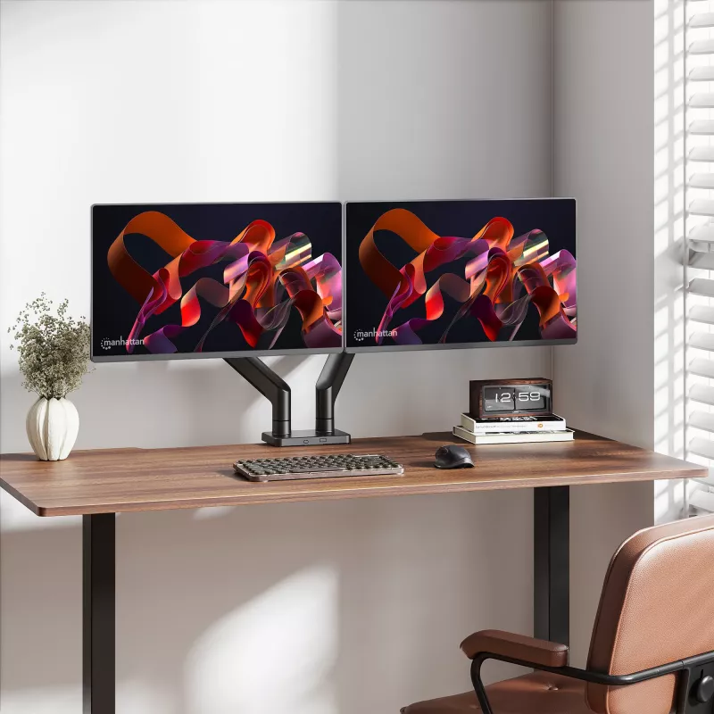 Manhattan TV- & Monitorhalterung für den Schreibtisch, voll beweglich, Federarm, 2 Bildschirme, 13–45 Zoll, Schwarz