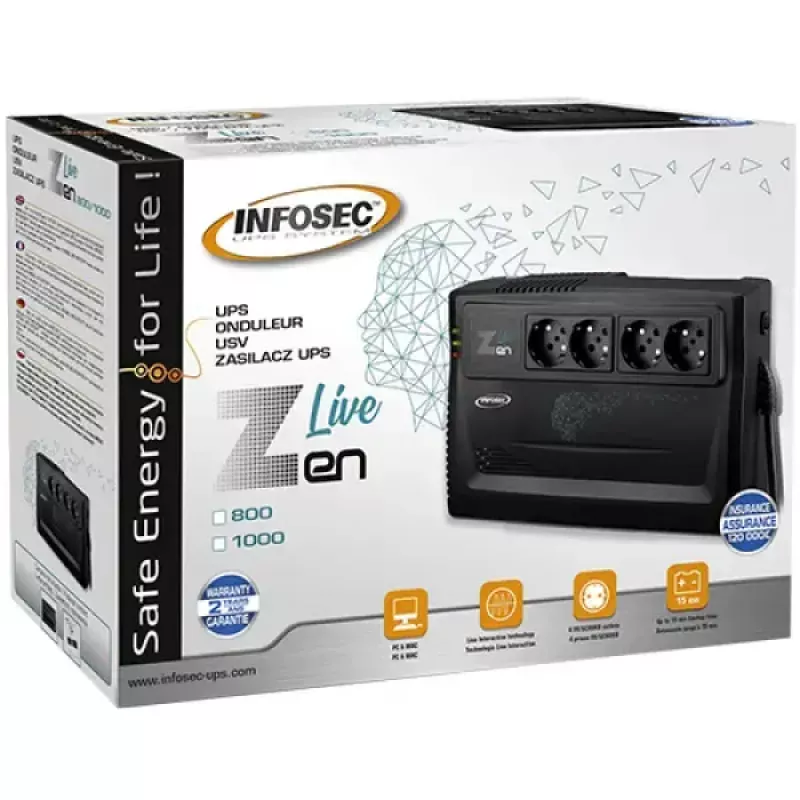 Unterbrechungsfreie Stromversorgung Infosec Zen Live 800 Line-Interactive 0,8 kVA (480 W) 4 AC-Ausgänge, 12 V 7 Ah Batterie