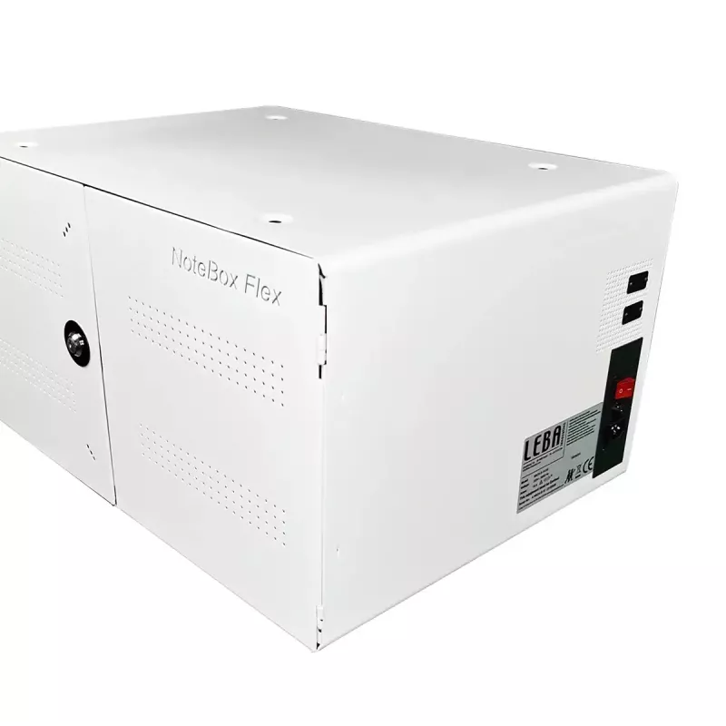 Tragbarer Geräte-Management-Schrank LEBA NoteBox 16 mit Schlüsselschloss, USB-C-Anschlüssen, 12 W pro Gerät, USB 2.0, Wand- oder Tischmontage, weiß
