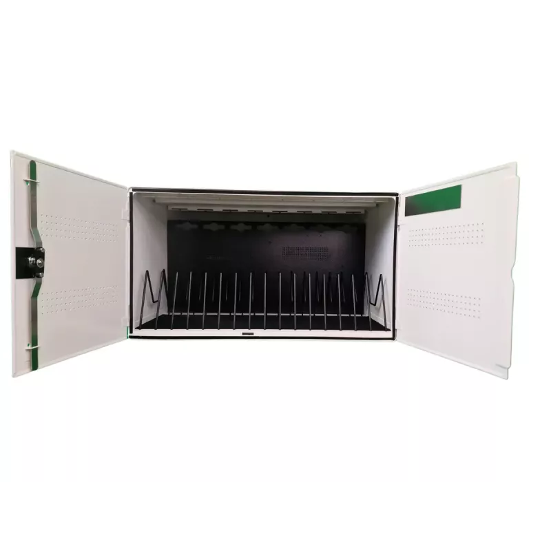 Tragbarer Geräte-Management-Schrank LEBA NoteBox 16 mit Schlüsselschloss, USB-C-Anschlüssen, 12 W pro Gerät, USB 2.0, Wand- oder Tischmontage, weiß